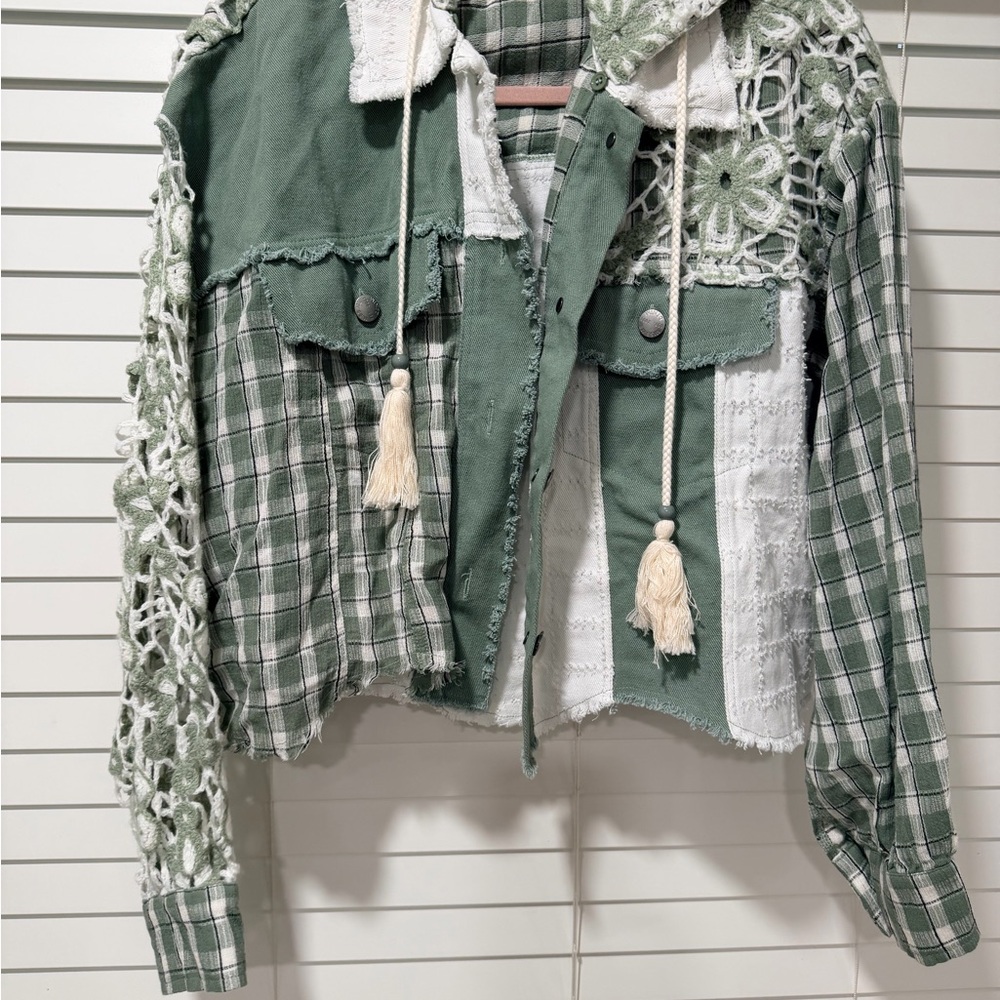 Miss Me Green & Cream Patchwork Crochet Jean Jacket